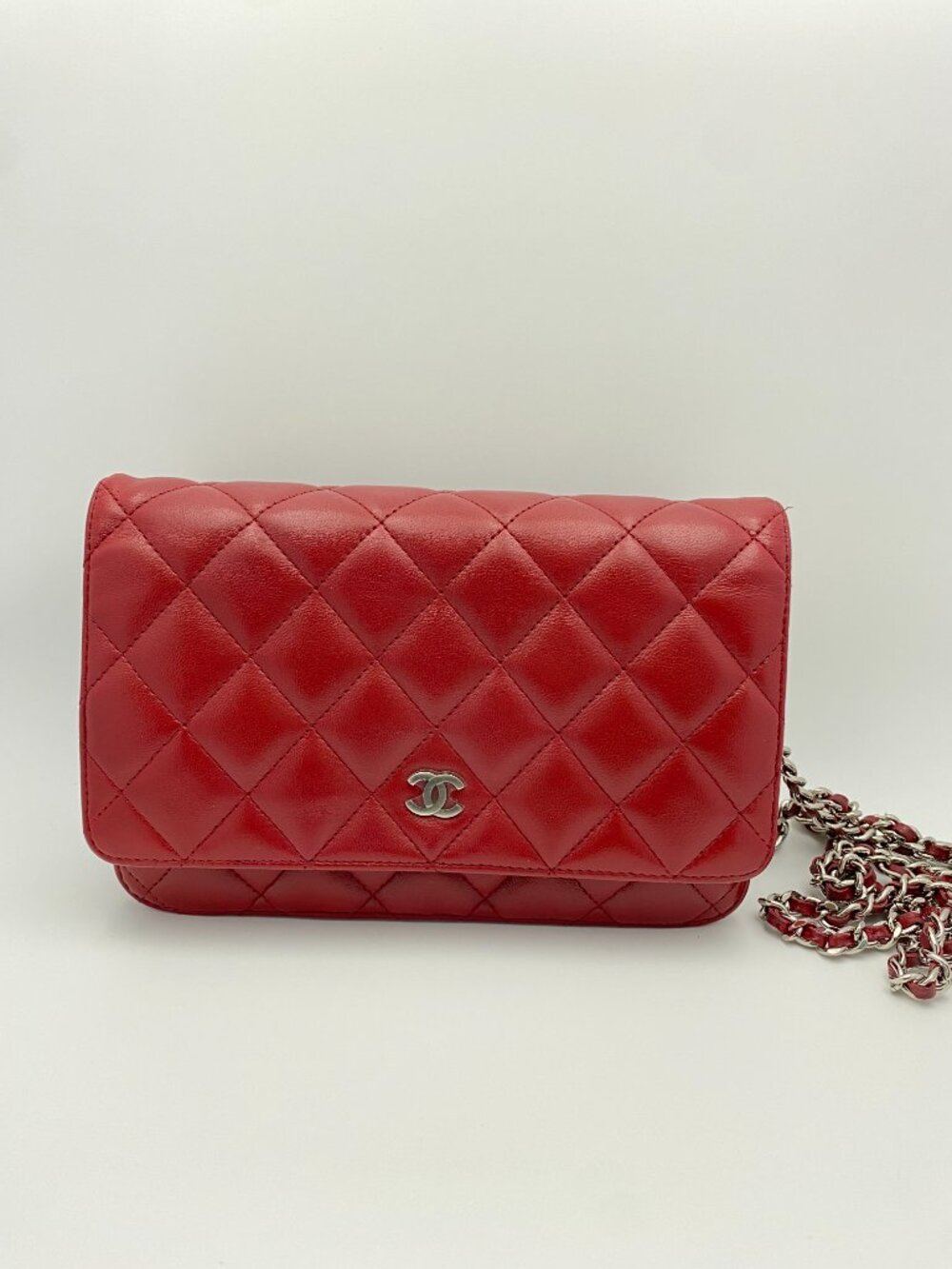CHANEL Quilted Lambskin WOC Red Silver Hardware Crossbody Bag Authentic